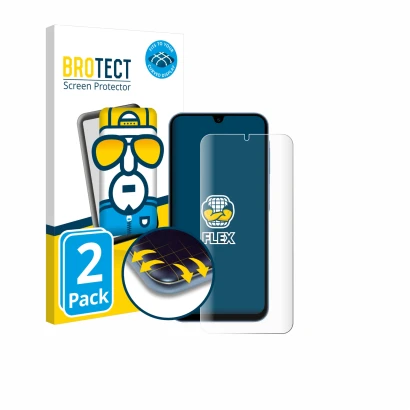 Front side of a product packaging with the brand logo BROTECT. Next to it is the device Samsung Galaxy A15 shown with the corr