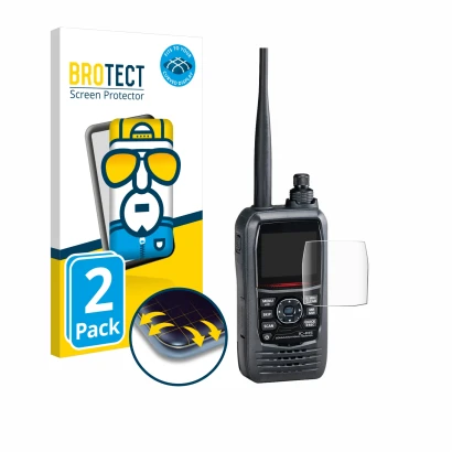 Front side of a product packaging with the brand logo BROTECT. Next to it is the device Icom IC-R15 shown with the correspondi