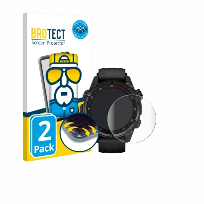 Front side of a product packaging with the brand logo BROTECT. Next to it is the device Garmin Descent Mk3i (43 mm) shown with