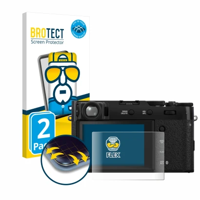 Front side of a product packaging with the brand logo BROTECT. Next to it is the device Fujifilm X100VI shown with the corresp