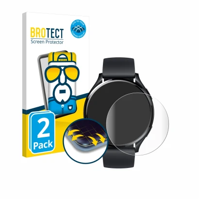 Front side of a product packaging with the brand logo BROTECT. Next to it is the device Xiaomi Watch 2 shown with the correspo