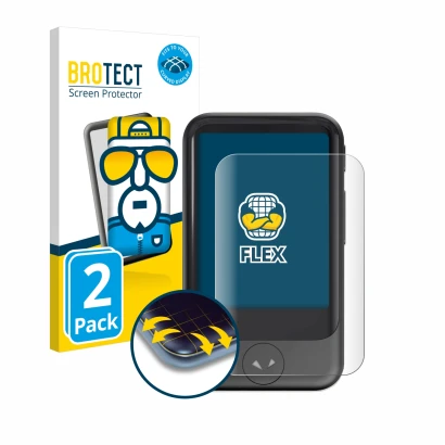 Front side of a product packaging with the brand logo BROTECT. Next to it is the device Pocketalk S shown with the correspondi