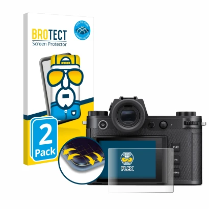 Front side of a product packaging with the brand logo BROTECT. Next to it is the device Leica SL3 shown with the corresponding