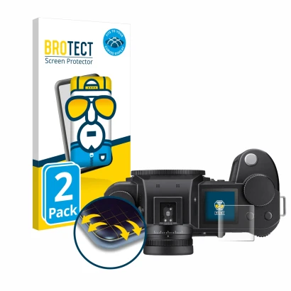 Front side of a product packaging with the brand logo BROTECT. Next to it is the device Leica SL3 (top plate display) shown wi