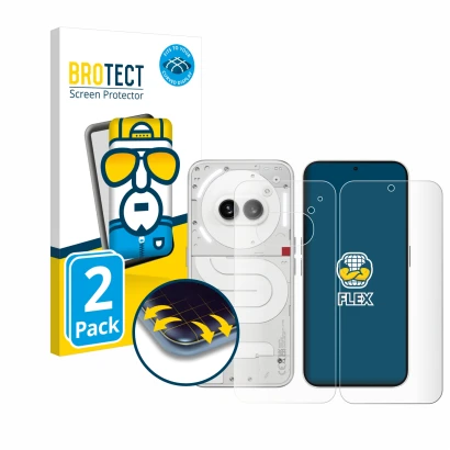 Front side of a product packaging with the brand logo BROTECT. Next to it is the device Nothing Phone (2a) (Front+Back) shown 