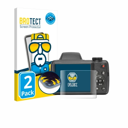 Front side of a product packaging with the brand logo BROTECT. Next to it is the device Kodak Pixpro AZ528 shown with the corr