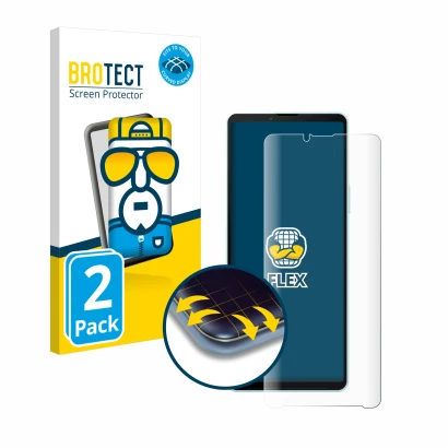 Front side of a product packaging with the brand logo BROTECT. Next to it is the device Sony Xperia 10 VI shown with the corre