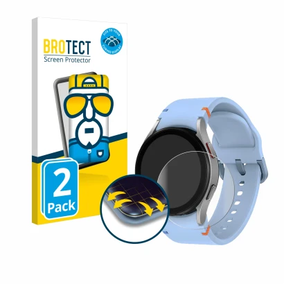 Front side of a product packaging with the brand logo BROTECT. Next to it is the device Samsung Galaxy Watch FE shown with the