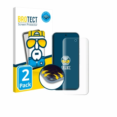 Front side of a product packaging with the brand logo BROTECT. Next to it is the device Google Pixel 9 shown with the correspo