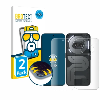 Front side of a product packaging with the brand logo BROTECT. Next to it is the device Nothing Phone (2a) Plus (Front+Back) s