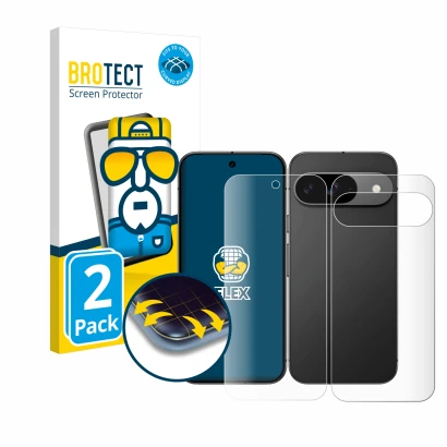 Front side of a product packaging with the brand logo BROTECT. Next to it is the device Google Pixel 9 (Front+Back) shown with