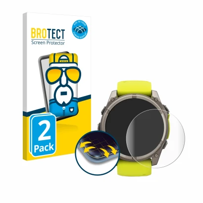 Front side of a product packaging with the brand logo BROTECT. Next to it is the device Garmin Fenix 8 Solar (51 mm) shown wit