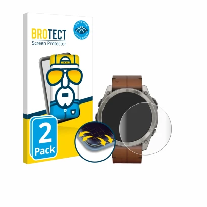 Front side of a product packaging with the brand logo BROTECT. Next to it is the device Garmin Fenix 8 AMOLED (51 mm) shown wi