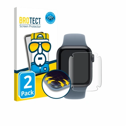 Front side of a product packaging with the brand logo BROTECT. Next to it is the device Apple Watch SE 3 (40 mm) shown with th