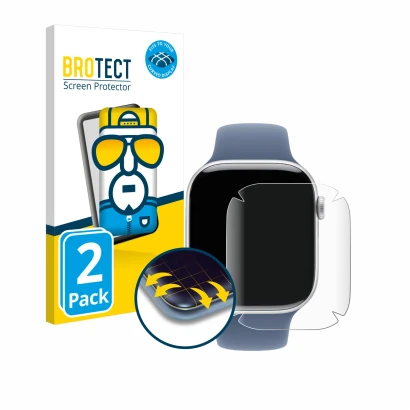 Front side of a product packaging with the brand logo BROTECT. Next to it is the device Apple Watch Series 10 (46 mm) shown wi