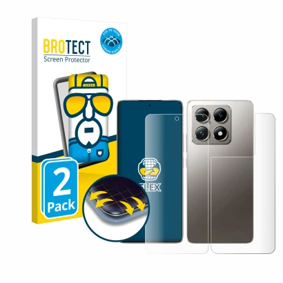 Front side of a product packaging with the brand logo BROTECT. Next to it is the device Xiaomi 14T (Front+Back) shown with the