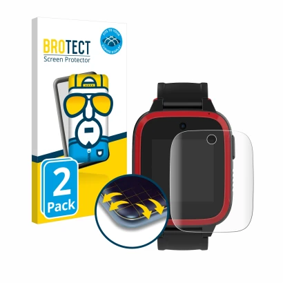 Front side of a product packaging with the brand logo BROTECT. Next to it is the device Xplora Let's Go shown with the corresp
