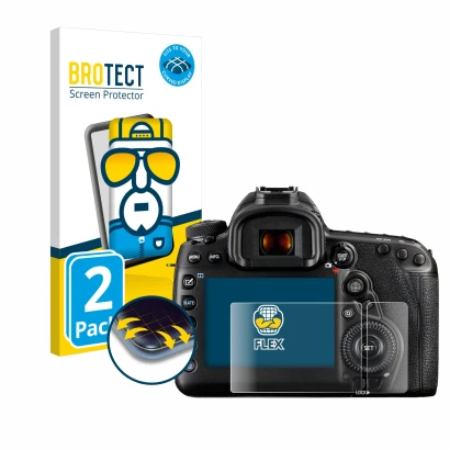Front side of a product packaging with the brand logo BROTECT. Next to it is the device Canon EOS 5D Mark IV (Display + top pl