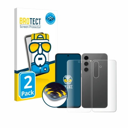 Front side of a product packaging with the brand logo BROTECT. Next to it is the device Samsung Galaxy S24 FE (Front+Back) sho