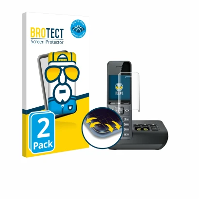 Front side of a product packaging with the brand logo BROTECT. Next to it is the device Gigaset COMFORT 520A shown with the co