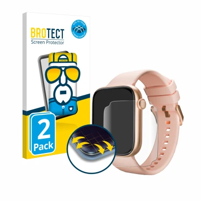 Front side of a product packaging with the brand logo BROTECT. Next to it is the device Maoo ProWatch 1.85" shown with the cor