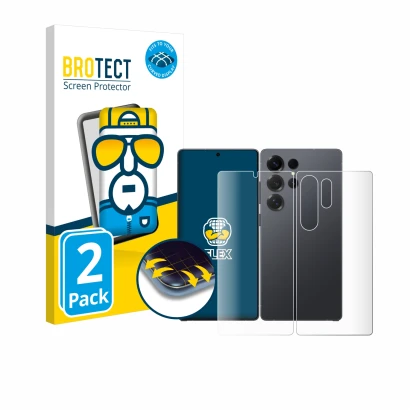 Front side of a product packaging with the brand logo BROTECT. Next to it is the device Samsung Galaxy S25 Ultra (Front+Back) 
