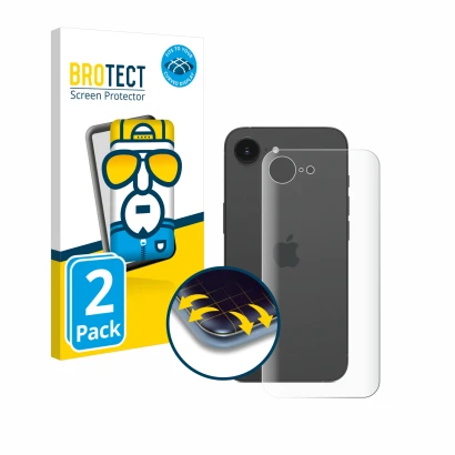 Front side of a product packaging with the brand logo BROTECT. Next to it is the device Apple iPhone 16e (Back) shown with the