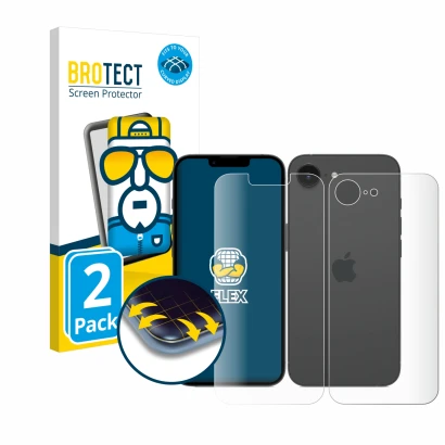 Front side of a product packaging with the brand logo BROTECT. Next to it is the device Apple iPhone 16e (Front+Back) shown wi