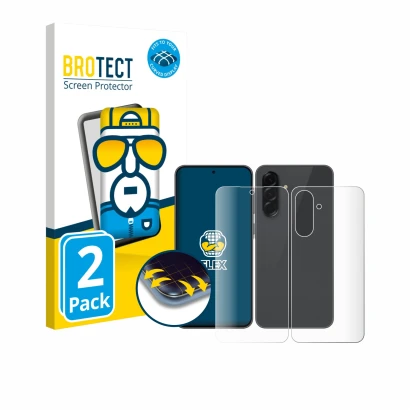 Front side of a product packaging with the brand logo BROTECT. Next to it is the device Samsung Galaxy A36 5G (Front+Back) sho