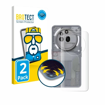 Front side of a product packaging with the brand logo BROTECT. Next to it is the device Nothing Phone (3a) Pro (Back) shown wi