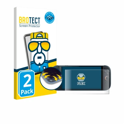 Front side of a product packaging with the brand logo BROTECT. Next to it is the device Nintendo Switch 2 shown with the corre