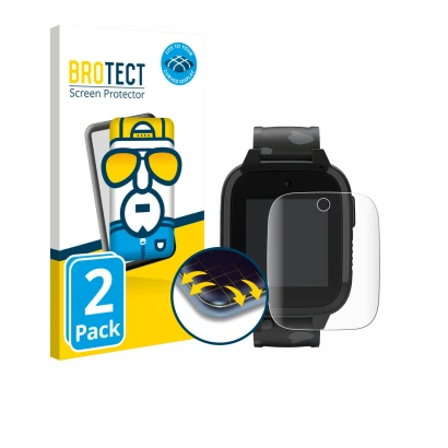 Front side of a product packaging with the brand logo BROTECT. Next to it is the device Xplora XGO3 (2nd Gen.) shown with the 