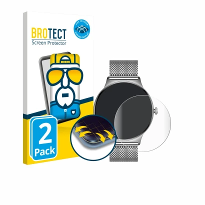 Front side of a product packaging with the brand logo BROTECT. Next to it is the device Pireware Slim Smartwatch shown with th