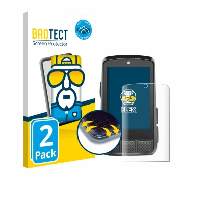 Front side of a product packaging with the brand logo BROTECT. Next to it is the device Wahoo Elemnt Bolt 3 shown with the cor