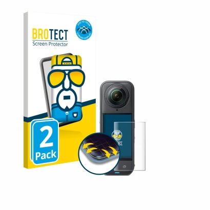 Front side of a product packaging with the brand logo BROTECT. Next to it is the device Insta360 X5 shown with the correspondi