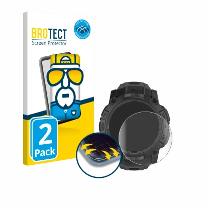 Front side of a product packaging with the brand logo BROTECT. Next to it is the device Garmin Instinct 3 Tactical AMOLED Edit