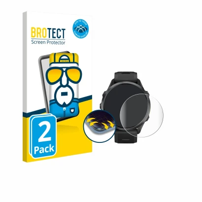 Front side of a product packaging with the brand logo BROTECT. Next to it is the device Garmin Forerunner 970 shown with the c