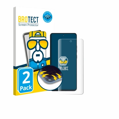 Front side of a product packaging with the brand logo BROTECT. Next to it is the device Motorola Moto G86 shown with the corre