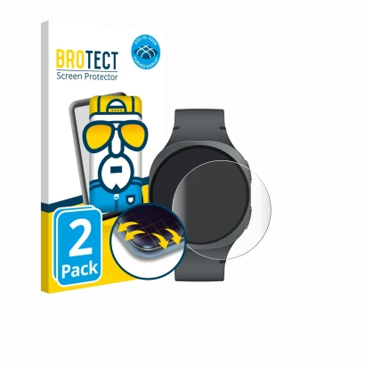 Front side of a product packaging with the brand logo BROTECT. Next to it is the device Samsung Galaxy Watch 8 (40 mm) shown w