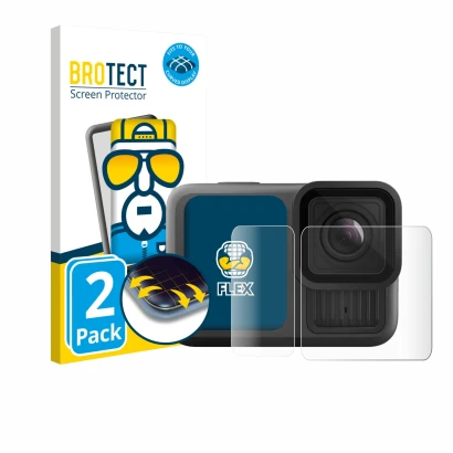 Front side of a product packaging with the brand logo BROTECT. Next to it is the device GoPro Hero 13 Black Ultra Wide Edition