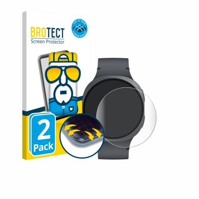 Front side of a product packaging with the brand logo BROTECT. Next to it is the device Samsung Galaxy Watch 8 (44 mm) shown w