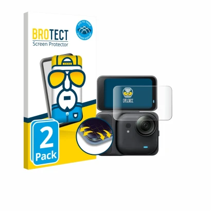 Front side of a product packaging with the brand logo BROTECT. Next to it is the device Insta360 Go Ultra shown with the corre