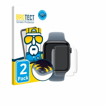 Front side of a product packaging with the brand logo BROTECT. Next to it is the device Apple Watch SE 3 (44 mm) shown with th