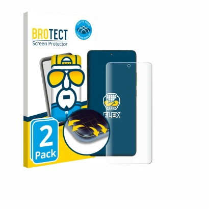 Front side of a product packaging with the brand logo BROTECT. Next to it is the device Motorola Edge 70 shown with the corres