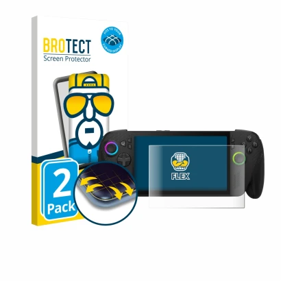 Front side of a product packaging with the brand logo BROTECT. Next to it is the device ASUS ROG Xbox Ally X shown with the co