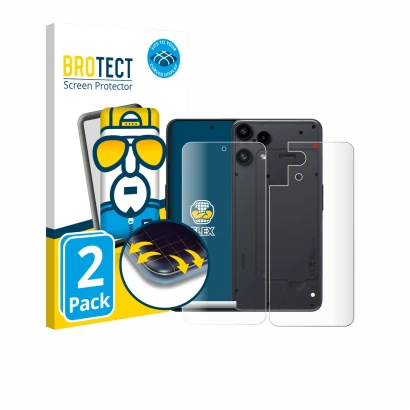 Front side of a product packaging with the brand logo BROTECT. Next to it is the device Nothing Phone (3a) Lite (Front+Back) s