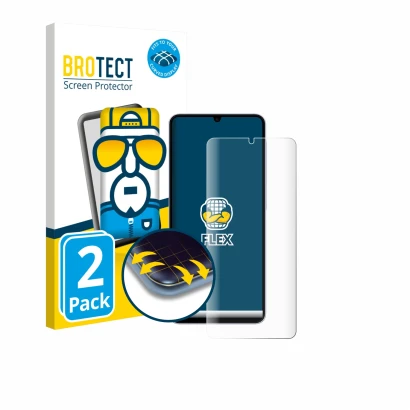 Front side of a product packaging with the brand logo BROTECT. Next to it is the device Samsung Galaxy A07 shown with the corr