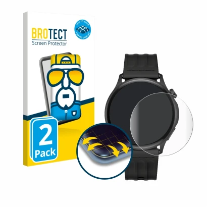 Front side of a product packaging with the brand logo BROTECT. Next to it is the device OnePlus Watch Lite shown with the corr