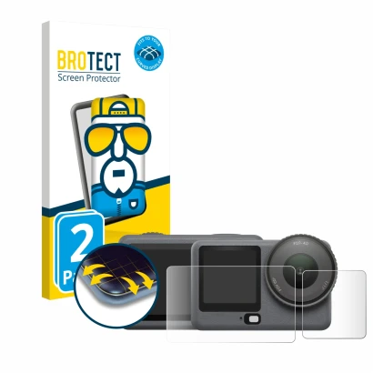 Front side of a product packaging with the brand logo BROTECT. Next to it is the device DJI Osmo Action 6 shown with the corre