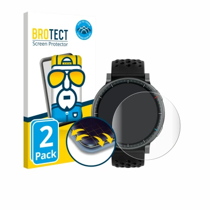 Front side of a product packaging with the brand logo BROTECT. Next to it is the device Amazfit Active Max shown with the corr